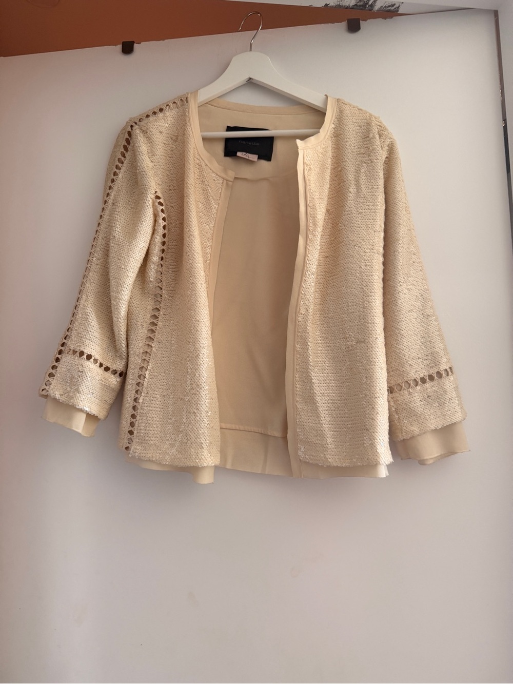 Made in Italy Open-Front Cream sequin Blazer with Eyelet Trim